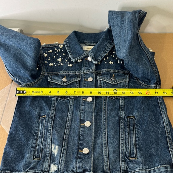NWT Anthropologie Donovan Pearled Denim Trucker Button Down Jacket Distressed Sm - Picture 12 of 15